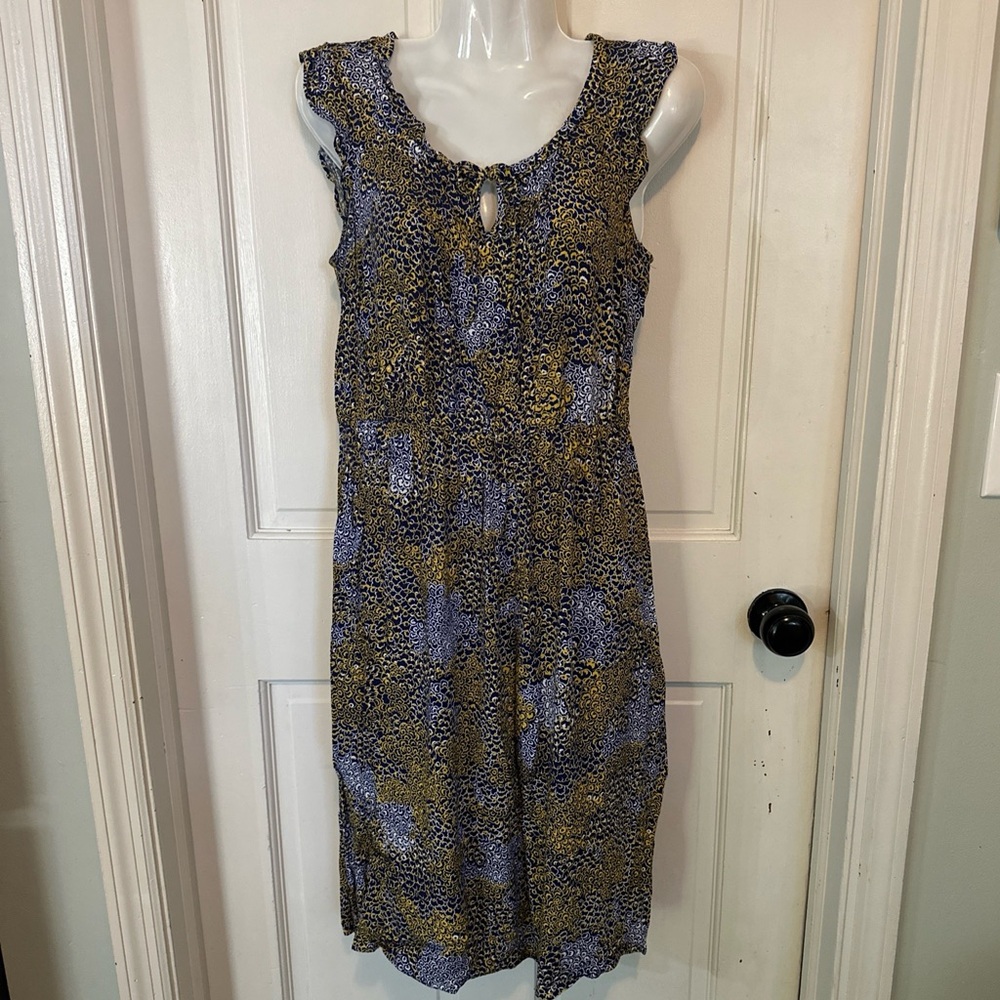 Boden “England” Cap Sleeve Dress Yellow & Navy Blue Floral Sz 6R